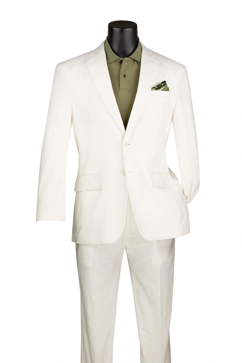Elegante traje moderno de lino blanco: corte perfecto, solapas clásicas, dos piezas para el hombre sofisticado.